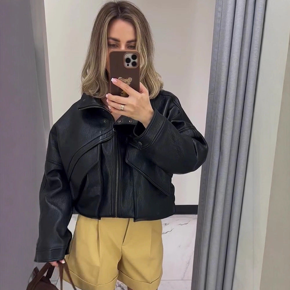 Damen Oversize-Bomberjacke aus strukturiertem Lederimitat mit überlappender Klappenfront Shop Nory