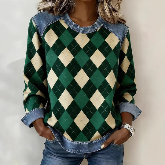 Damen Modischer Sweatshirt mit Karomuster und Denim-Details
