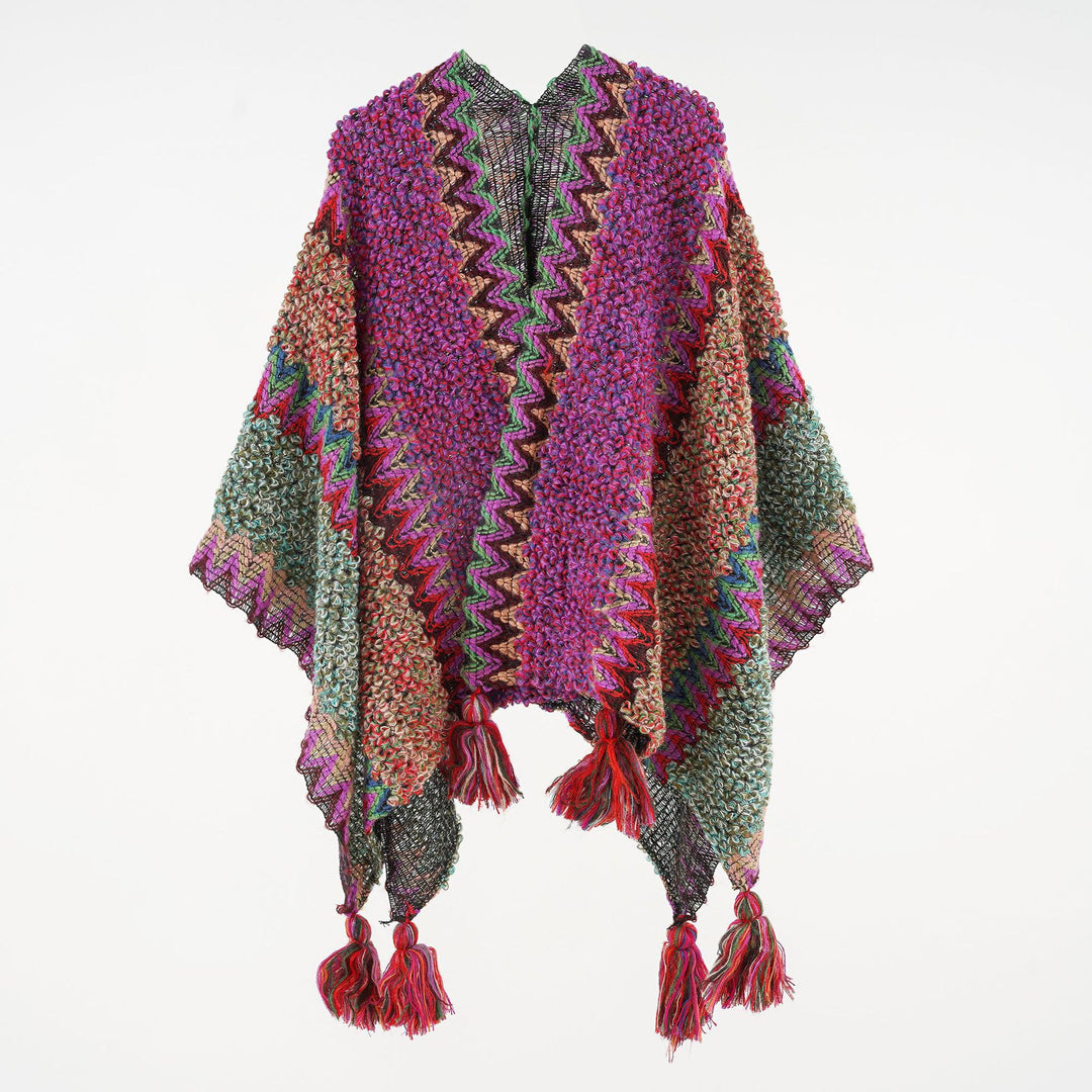 Damen Kurzponcho aus Bouclé-Strick mit Zickzack-Jacquard und Quasten Shop Nory