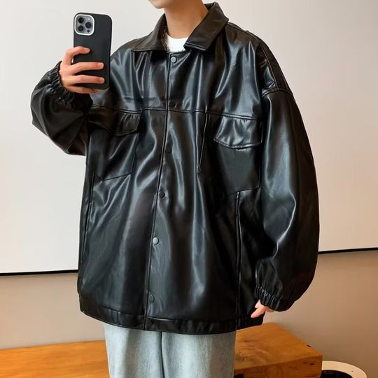 Herren Oversized PU-Leder-Shacket mit Pattentaschen und elastischen Bündchen Shop Nory