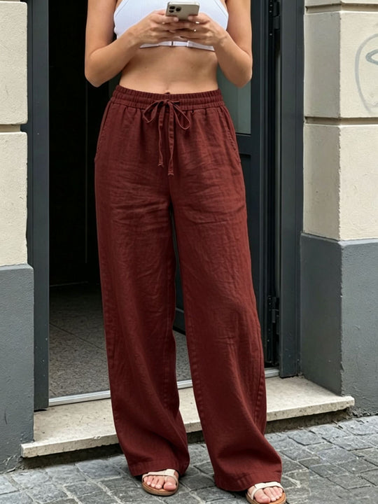 Damen Weite Leinenoptik-Hose mit Gummibund, Tunnelzug und Seitentaschen Shop Nory