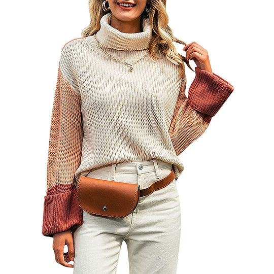 Damen nan lockerer Rollkragenpullover mit Colourblock-Ärmeln und weitem Trompetenärmel Shop Nory