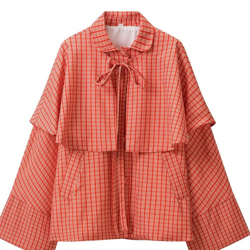 Damen Karierte Cape-Übergangsjacke mit Lagen‑Cape und Schleifenbindung Shop Nory