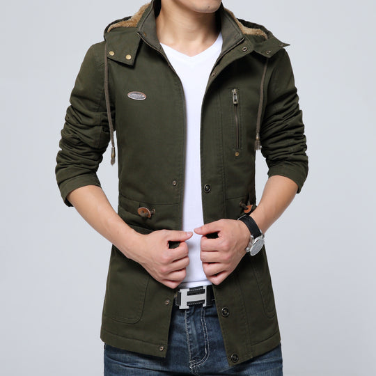 Herren leichter Utility-Parka mit Kapuze, Teddyfutter im Kragen und vertikaler Reißverschlusstasche Shop Nory