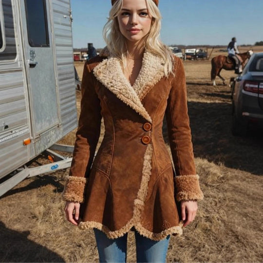 Damen Taillierter Wildleder‑Imitat‑Mantel mit Teddyfutter und ausgestelltem Saum Shop Nory