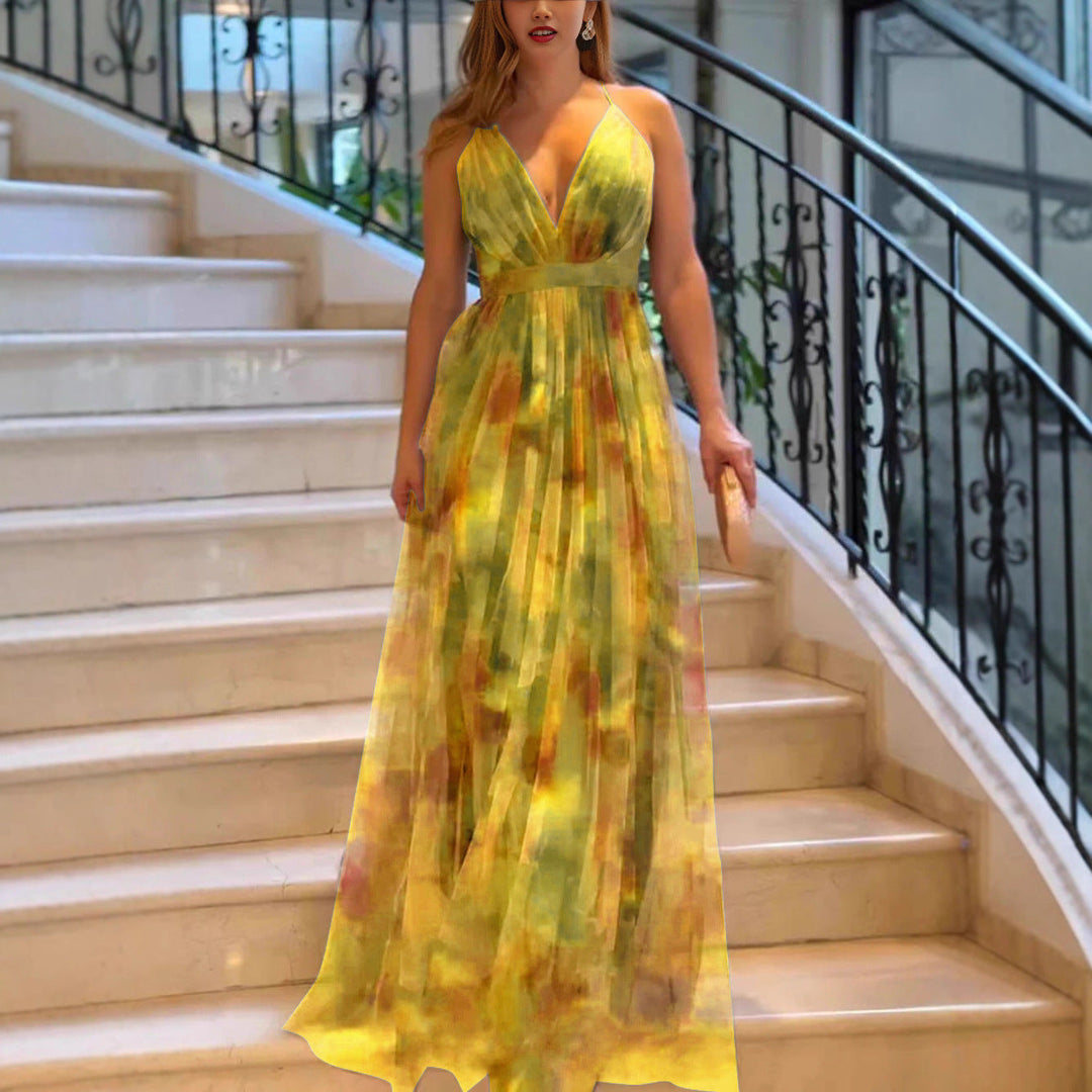 Damen Maxikleid mit tiefem V-Ausschnitt und fließendem Chiffon Shopnory