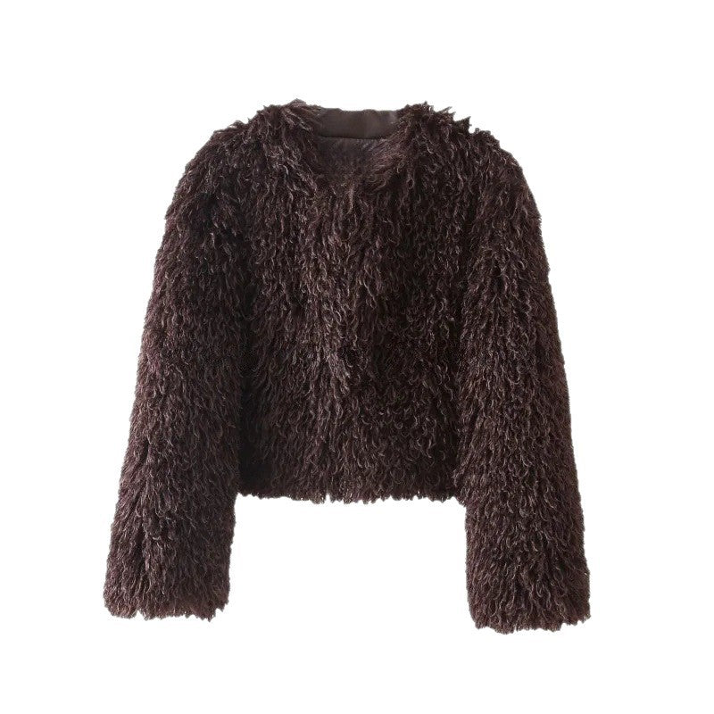 Damen kurze Bouclé‑Faux‑Fur‑Jacke mit voluminösem Langflor und kastiger Silhouette Shop Nory