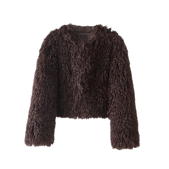 Damen kurze Bouclé‑Faux‑Fur‑Jacke mit voluminösem Langflor und kastiger Silhouette Shop Nory