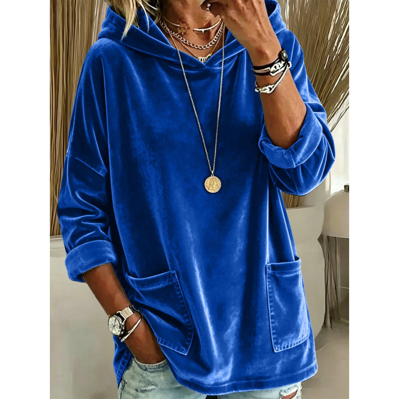 Damen Samt-Hoodie mit Kapuze, Oversize-Schnitt und aufgesetzten Taschen Shop Nory
