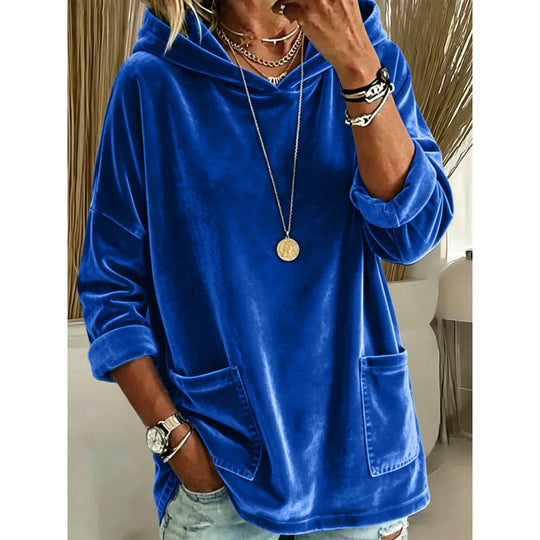 Damen Samt-Hoodie mit Kapuze, Oversize-Schnitt und aufgesetzten Taschen Shop Nory
