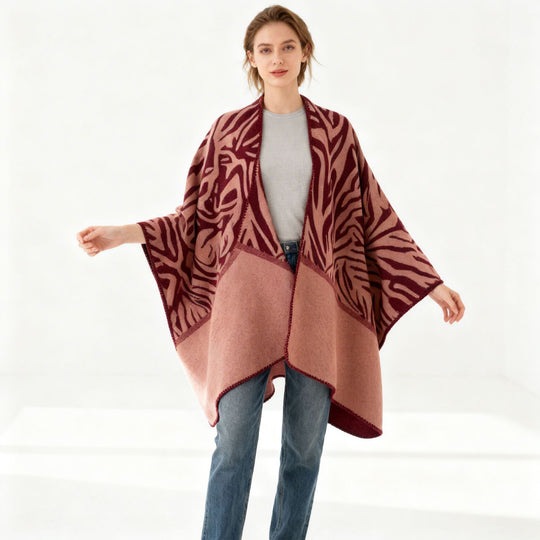 Damen Oversize-Jacquardponcho im Cape‑Stil mit offenem Fall und Ziernaht Shop Nory