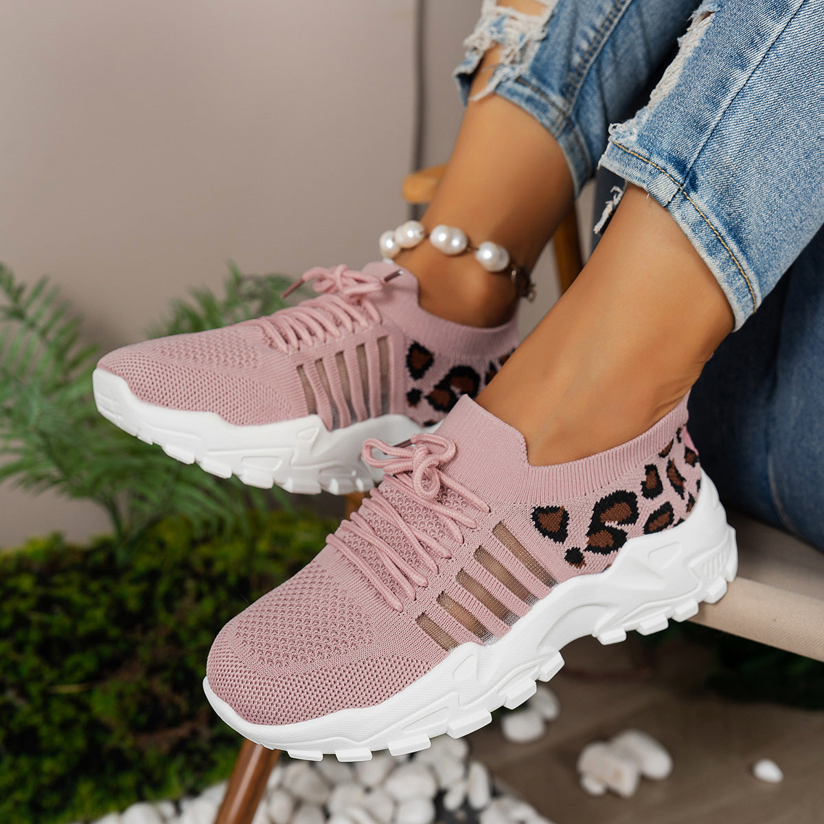 Damen Sportliche Sneakers mit atmungsaktivem Netzdesign und modischem Leopardenmuster Shopnory