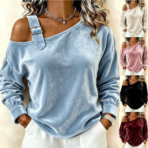 Damen Samt-Sweatshirt mit asymmetrischem Carmen-Ausschnitt und Zierschnalle Shop Nory