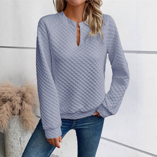 Damen Gestepptes Sweatshirt mit Schlitzkragen, Rautenstruktur und Raglanärmeln Shop Nory