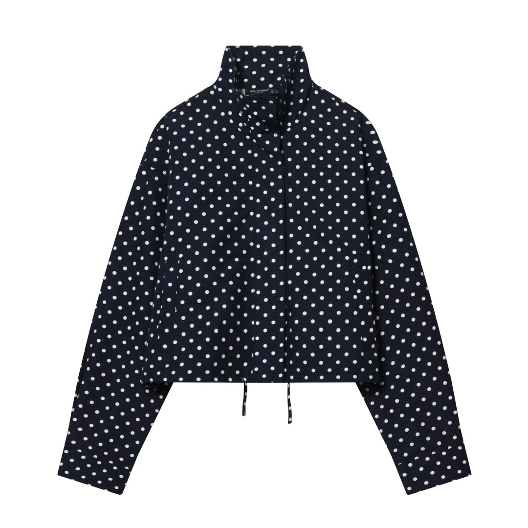 Damen Leichte Cropped-Übergangsjacke mit Stehkragen, Pünktchenprint und Tunnelzug Shop Nory