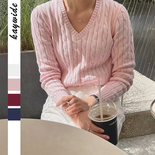 Damen nan feiner Strukturstrick-Pullover mit V‑Neck, Zopfmuster und geripptem Saum Shop Nory