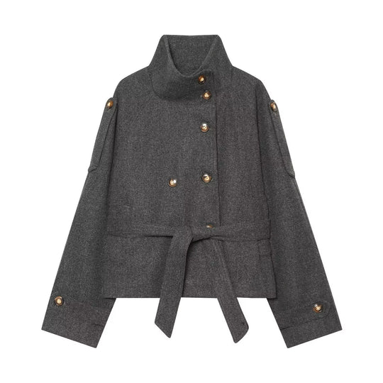 Damen Kurze doppelreihige Wollmix-Capejacke mit Stehkragen und Taillengürtel Shop Nory