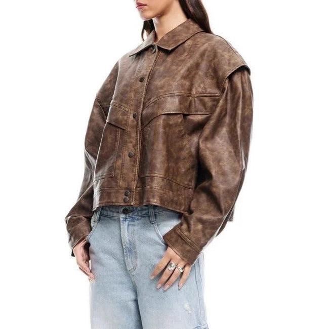 Damen Modische Kunstlederjacke mit Oversized Schnitt