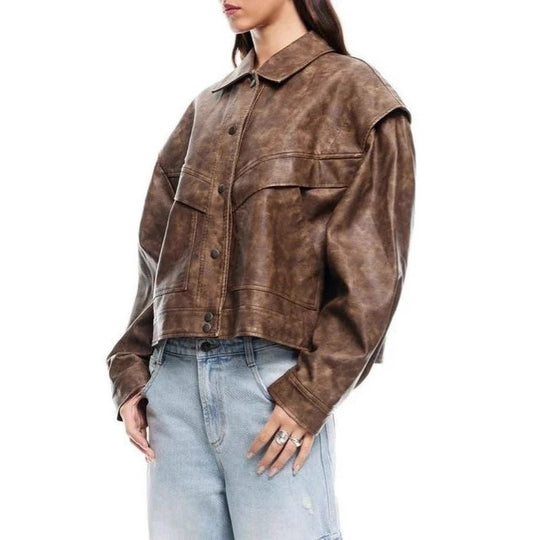 Damen Modische Kunstlederjacke mit Oversized Schnitt