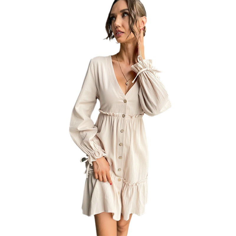 Damen Button-Midikleid mit V-Ausschnitt, Rüschen-Taille und Bindärmeln Shop Nory