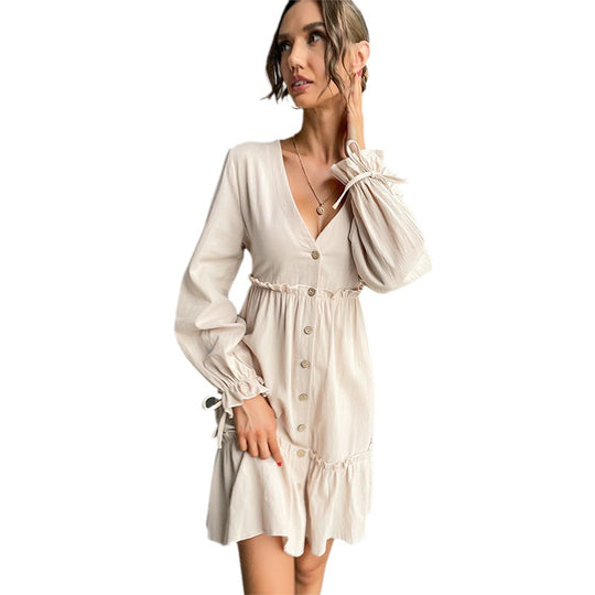 Damen Button-Midikleid mit V-Ausschnitt, Rüschen-Taille und Bindärmeln Shop Nory