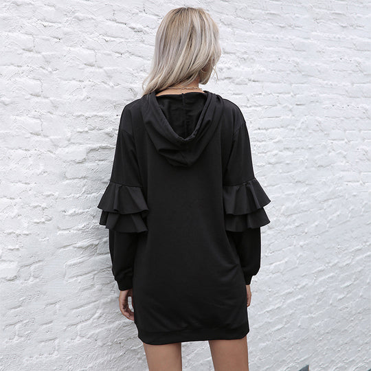 Damen Oversize-Kapuzenkleid mit zweistufigen Volantärmeln und Eingrifftasche Shop Nory