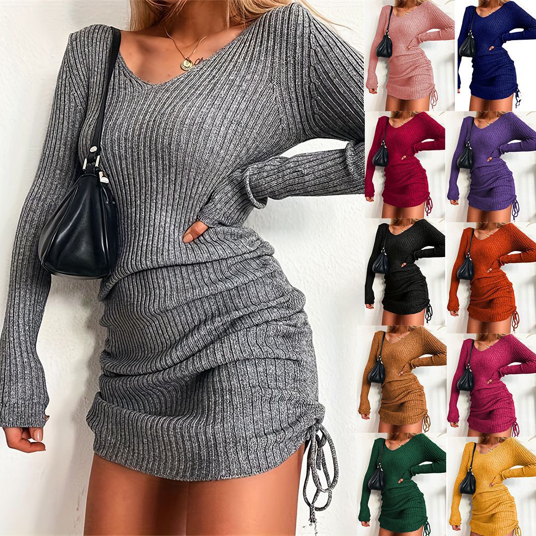 Damen Figurbetontes Rippstrick-Minikleid mit langen Ärmeln und seitlicher Raffung Shop Nory