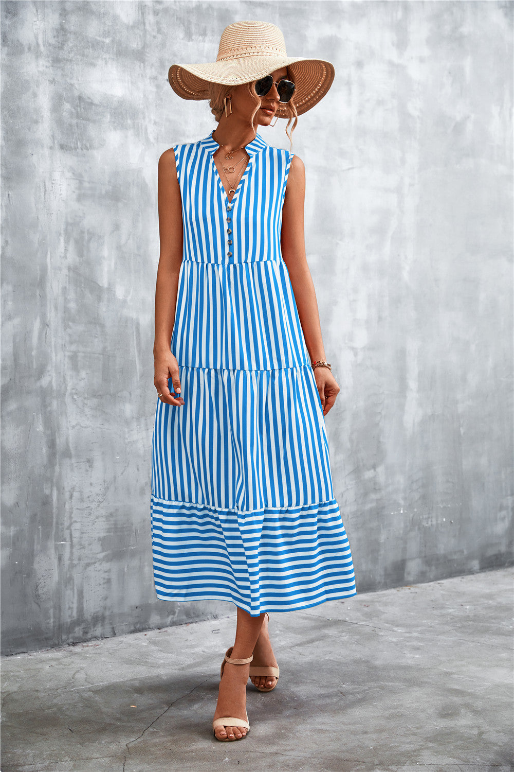 Damen Maxikleid mit gestreiftem Design, durchgehendem Knopfverschluss und voluminösem Saum