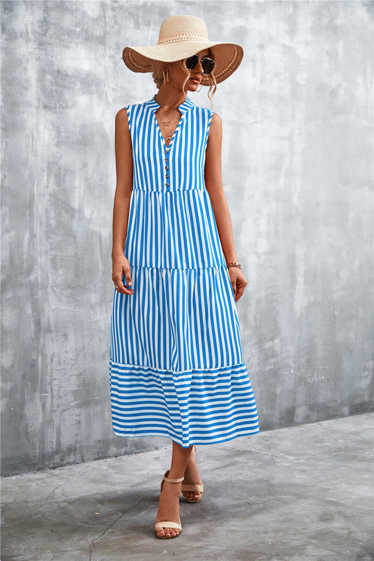 Damen Maxikleid mit gestreiftem Design, durchgehendem Knopfverschluss und voluminösem Saum