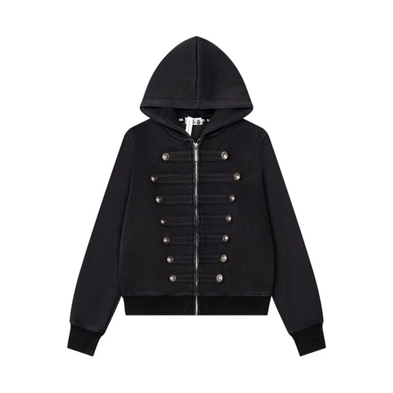Damen Kapuzen-Sweatjacke mit militärischer Knopfverzierung und durchgehendem Reißverschluss Shop Nory