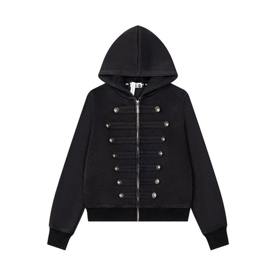 Damen Kapuzen-Sweatjacke mit militärischer Knopfverzierung und durchgehendem Reißverschluss Shop Nory