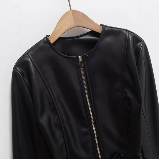 Damen Kollierlose Kunstlederjacke mit Reißverschluss und Taillenband Shop Nory
