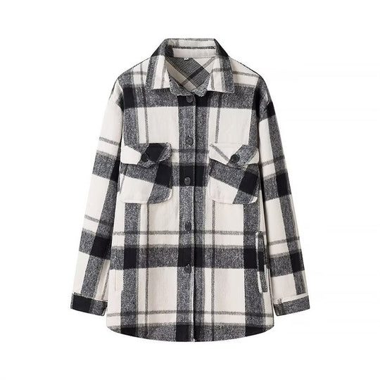 Damen Karo-Übergangs‑Shacket aus weichem Flanell mit aufgesetzten Brusttaschen Shop Nory