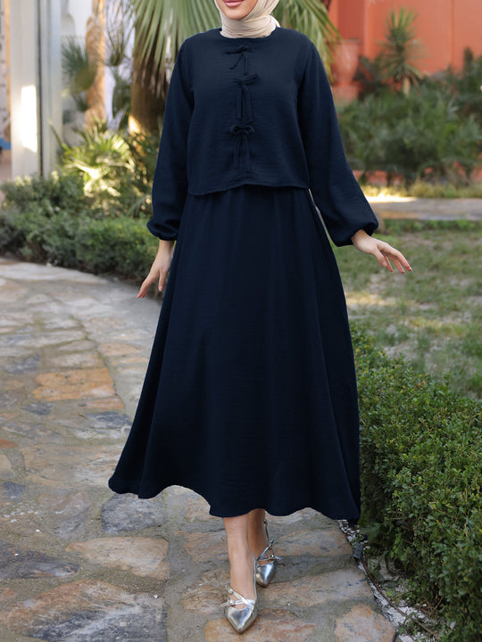 Damen Langes Zweiteiliges Maxikleid mit Überwurf, Rundhals und Zierknoten Shop Nory