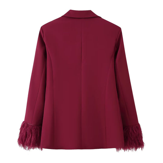 Damen Zweiteiliges Anzugset mit Federbesatz an Ärmeln und weiter Marlenehose Shop Nory
