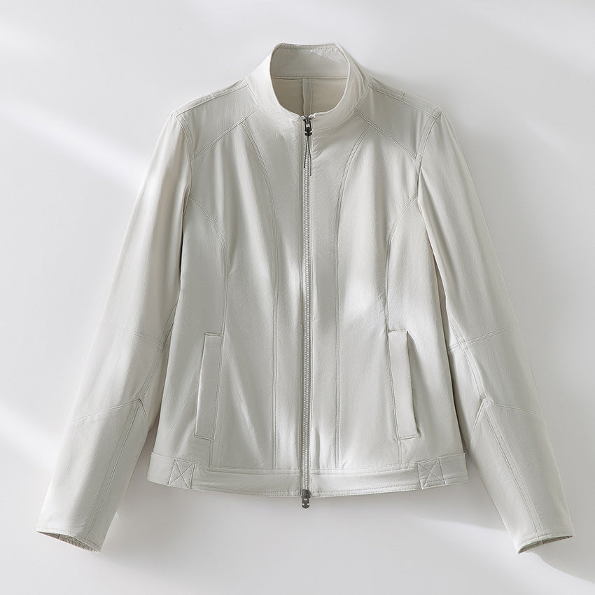 Damen schlichte taillierte Lederjacke mit Stehkragen und Zwei-Wege-Reißverschluss Shop Nory