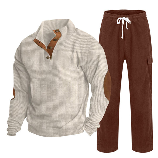 Herren Gemütliches Freizeit-Set aus Waffelstrick-Henley mit Ellenbogenpatch und Relax-Cargo-Hose Shop Nory