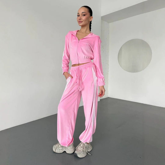 Damen Retro-Samt Trainingsanzug mit seitlichen Streifen, hochgeschnittener Bund und Reißverschluss Shop Nory
