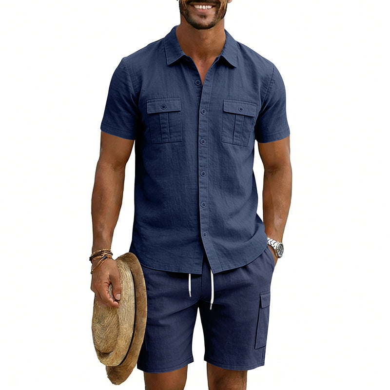 Herren nan sommerliches Freizeitset aus Baumwoll-Leinenmix mit Kurzarm-Hemd und Cargo-Shorts