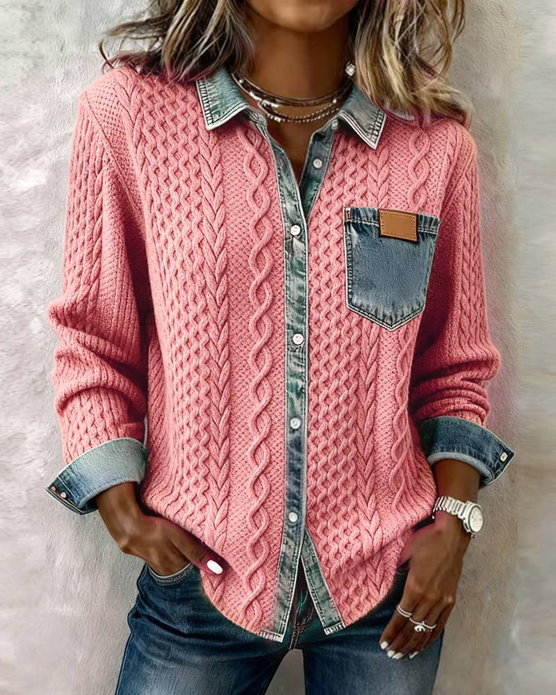 Damen nan geflochtener Strickpullover mit integriertem Jeanskragen und Brusttasche Shop Nory