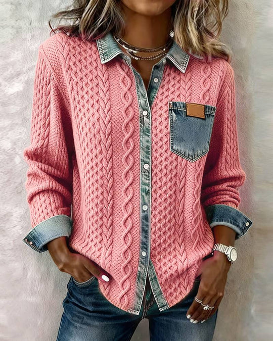 Damen nan geflochtener Strickpullover mit integriertem Jeanskragen und Brusttasche Shop Nory