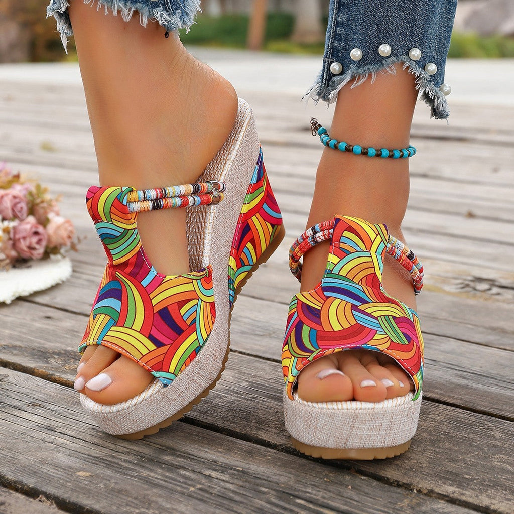 Damen modische Wedge-Sandalen mit buntem Mustermix und bequemer Sohle