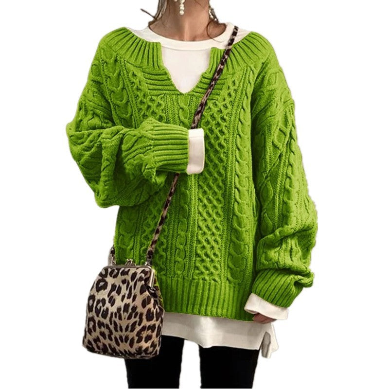 Damen nan weit geschnittener Strickpullover mit Zopfmuster und V-Ausschnitt Shop Nory
