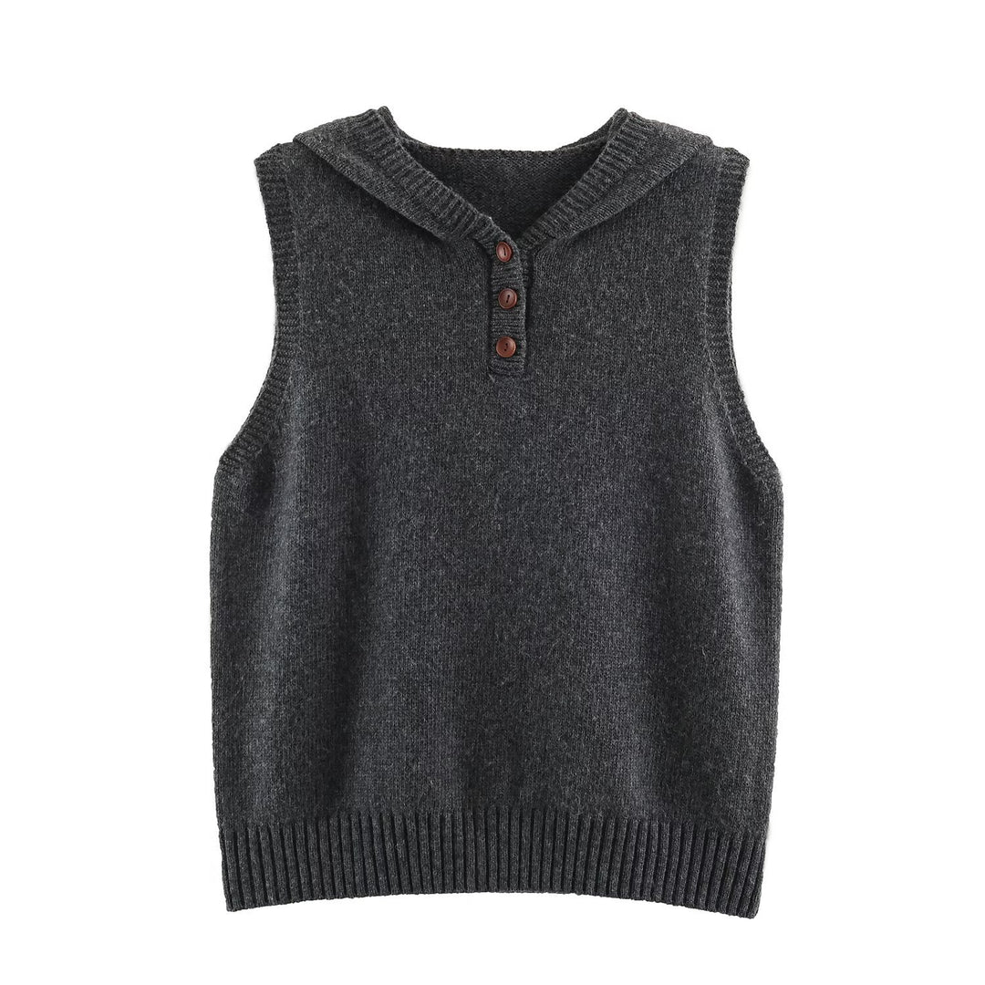 Damen Feinstrick-Weste mit Kapuze, Knopfleiste und Rippbund Shop Nory