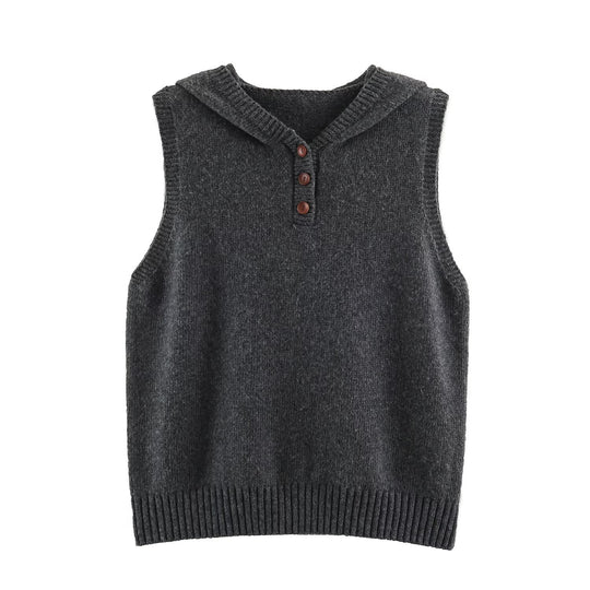 Damen Feinstrick-Weste mit Kapuze, Knopfleiste und Rippbund Shop Nory