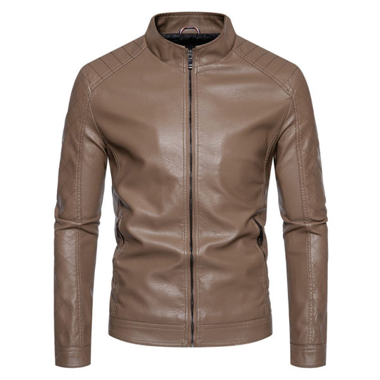 Herren taillierte Lederimitat-Bikerjacke mit Stehkragen und gesteppter Ärmeldetail Shop Nory