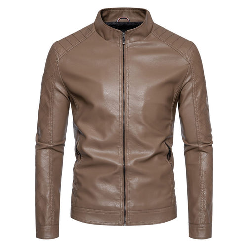 Herren taillierte Lederimitat-Bikerjacke mit Stehkragen und gesteppter Ärmeldetail Shop Nory