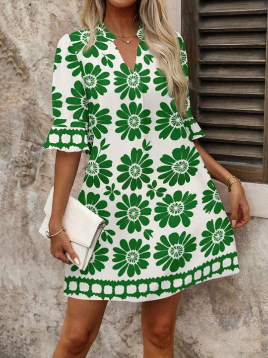 Damen Leichtes Sommer Tunika Kleid mit V Ausschnitt und Volantärmeln Shop Nory