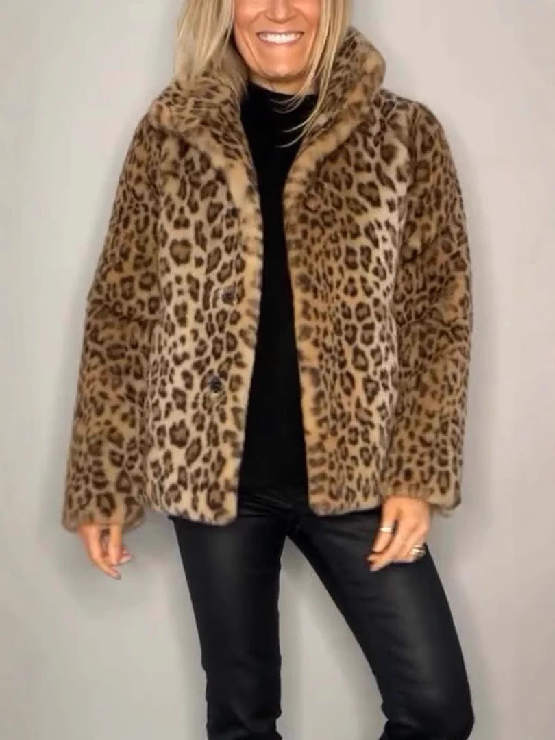 Mantel - Kunstpelz - Oversized Fit - Reverskragen - Leopardenprint
