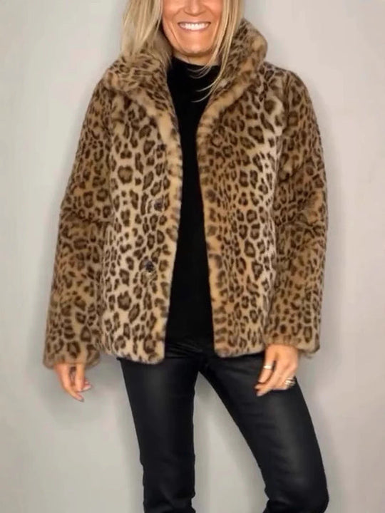 Mantel - Kunstpelz - Oversized Fit - Reverskragen - Leopardenprint